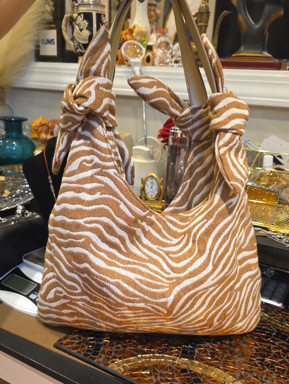 Rachel Zoe Tan and White Zebra-Pattern Shoulder Bag